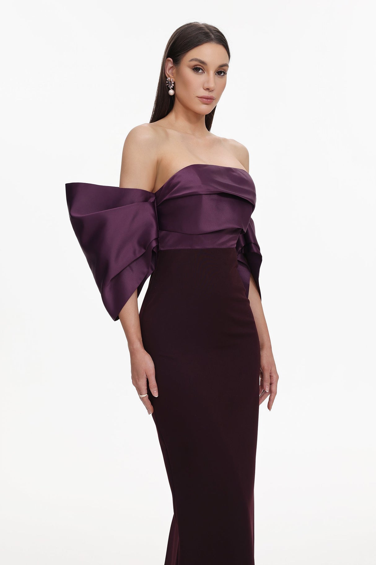 Gaia Purple Satin Off-Shoulder Dress with Pleated Detailing and Flowing Sleeves