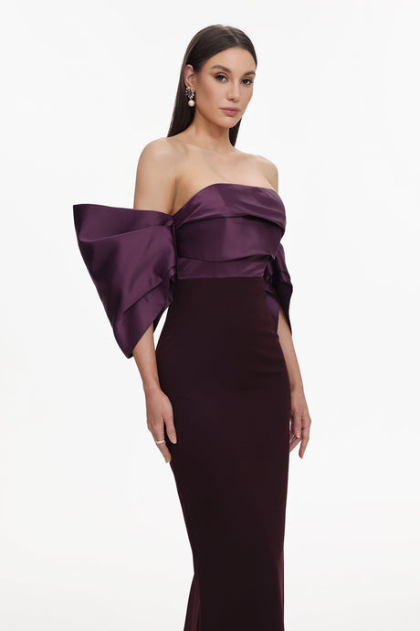 Gaia Purple Satin Off-Shoulder Dress with Pleated Detailing and Flowing Sleeves