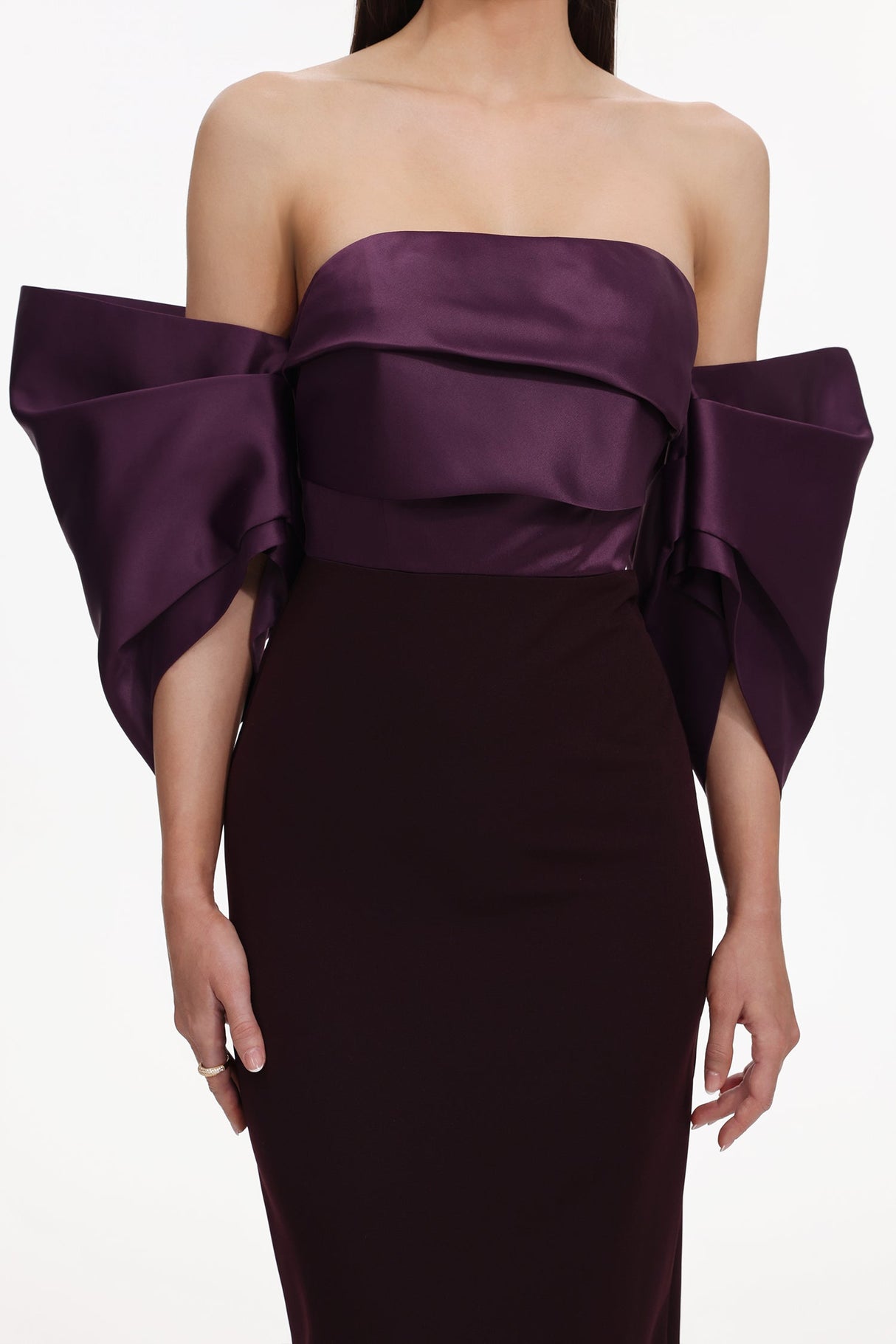 Gaia Purple Satin Off-Shoulder Pleated Detail Dress