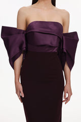 Gaia Purple Satin Off-Shoulder Pleated Detail Dress