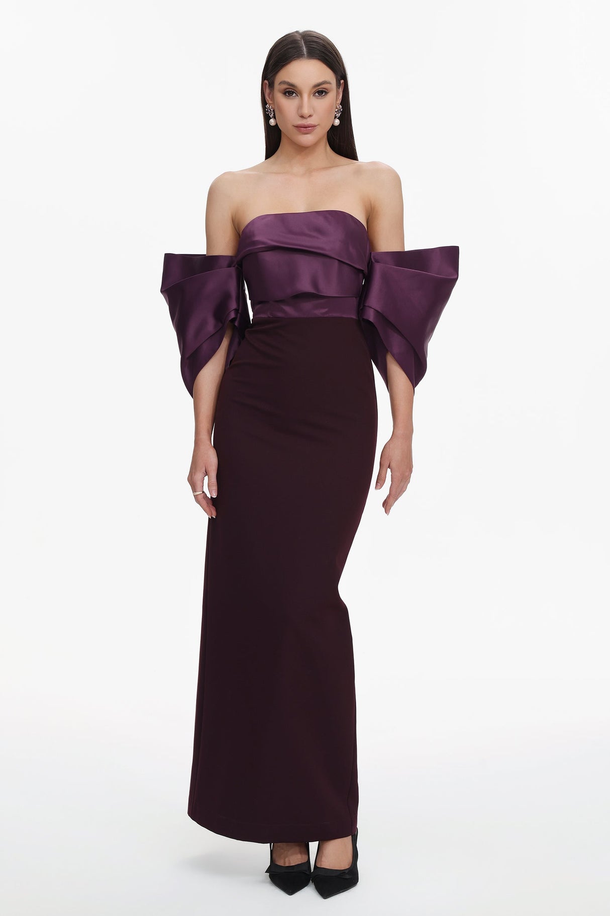 Gaia Purple Satin Off-Shoulder Pleated Dress