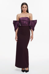 Gaia Purple Satin Off-Shoulder Pleated Dress