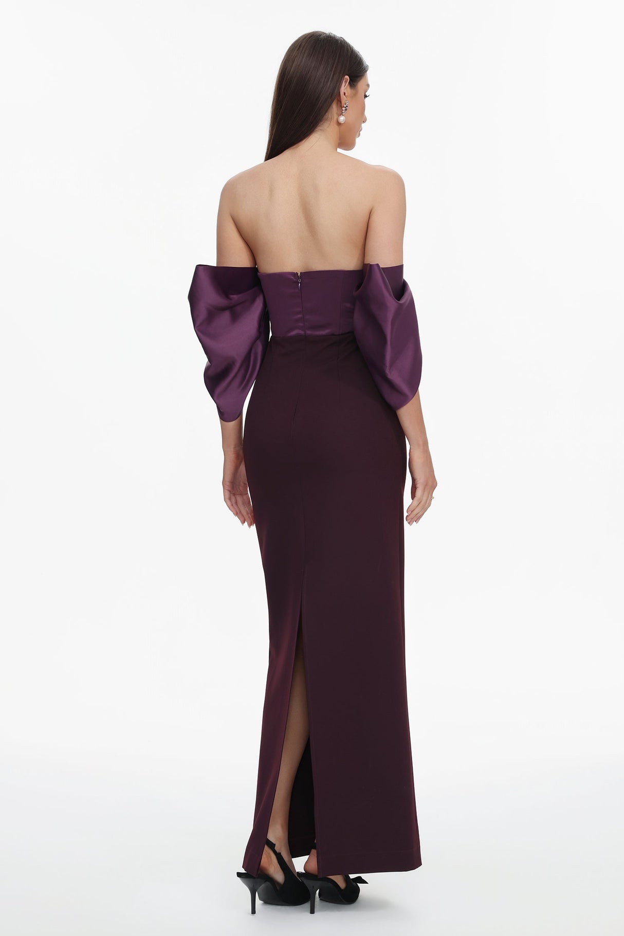 Gaia Purple Satin Off-Shoulder Pleated Dress