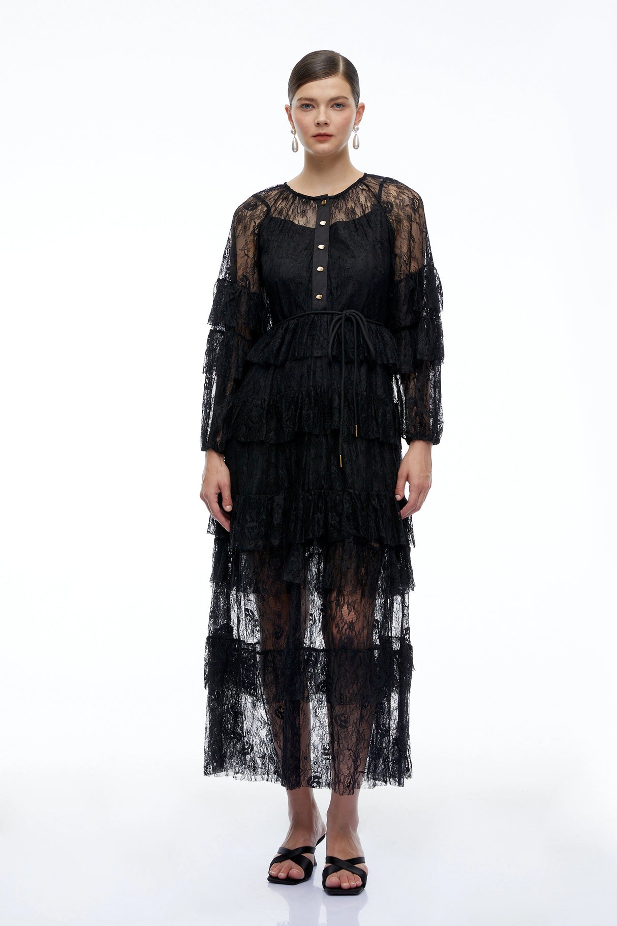 Galatea Black Tiered Lace Long Sleeves Maxi Dress
