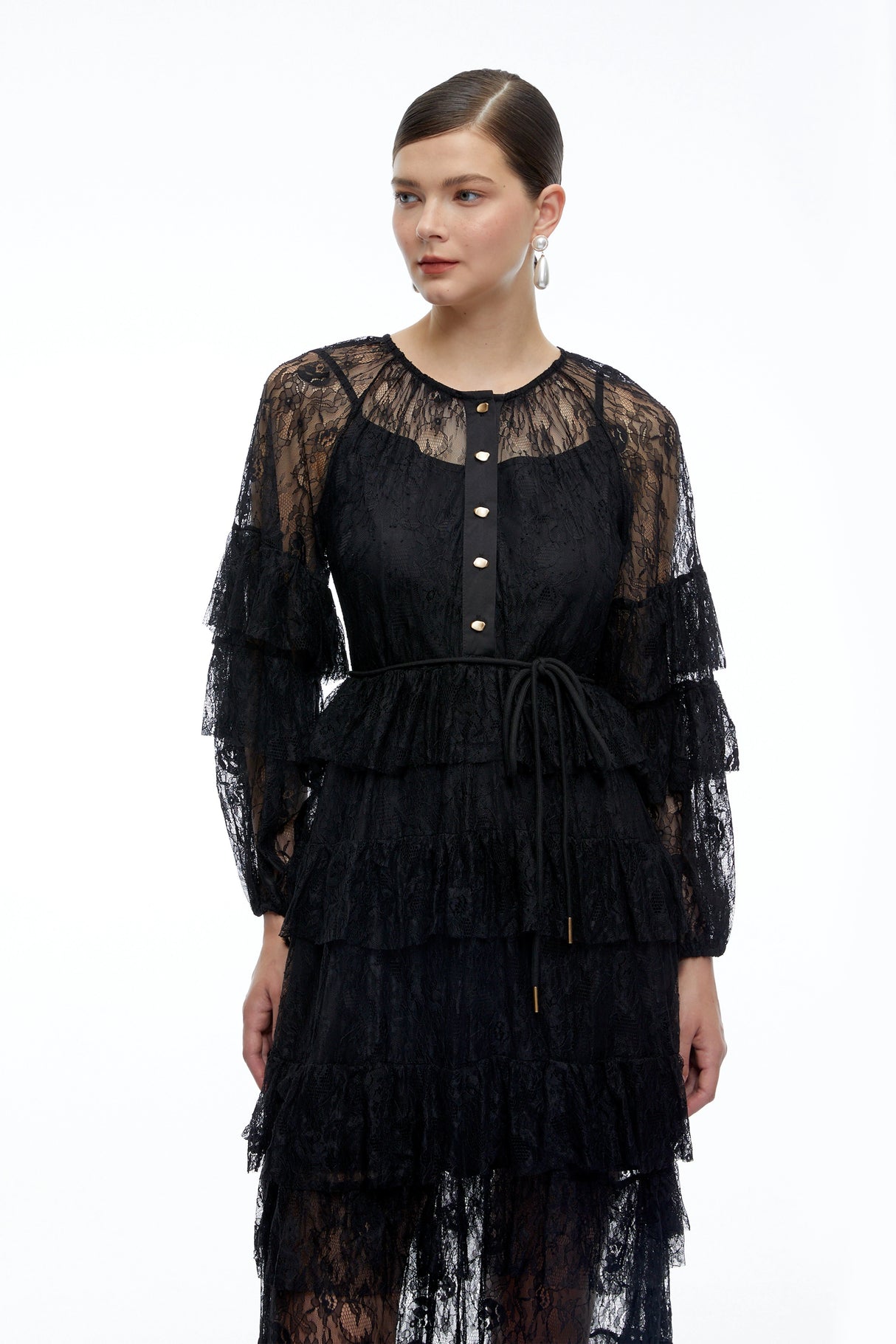Galatea Black Tiered Lace Long Sleeves Maxi Dress
