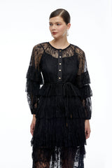Galatea Black Tiered Lace Long Sleeves Maxi Dress