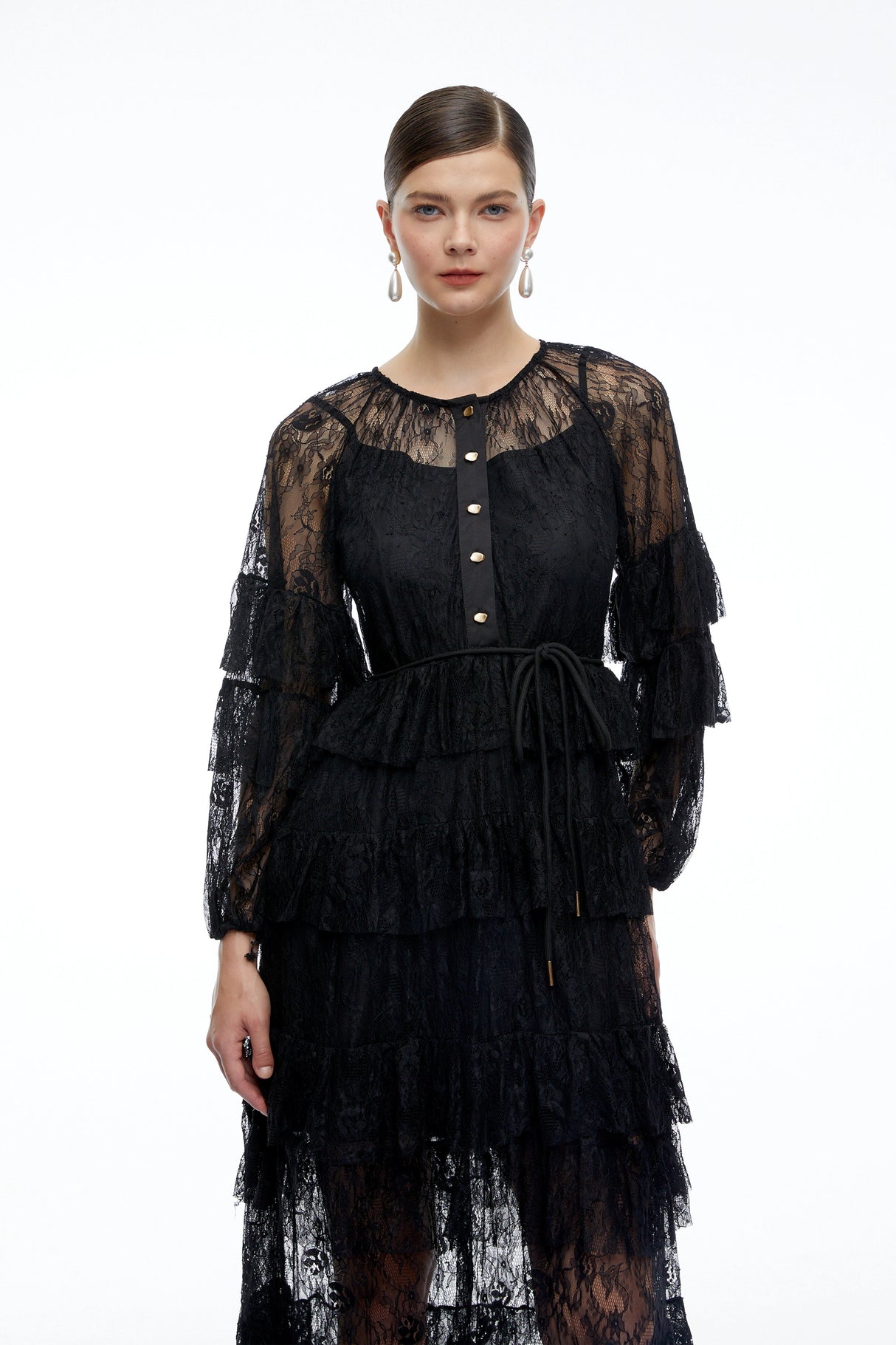 Galatea Black Tiered Lace Long Sleeves Maxi Dress