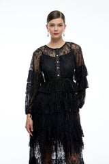 Galatea Black Tiered Lace Long Sleeves Maxi Dress