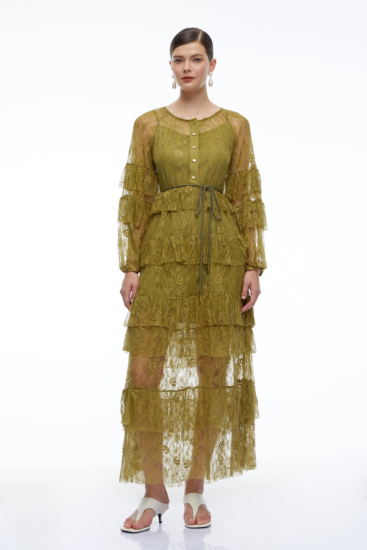 Galatea Green Tiered Lace Long Sleeves Maxi Dress