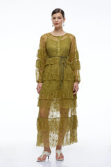 Galatea Green Tiered Lace Long Sleeves Maxi Dress