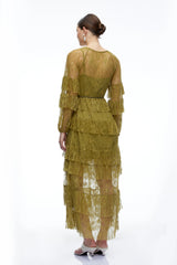 Galatea Green Tiered Lace Long Sleeves Maxi Dress