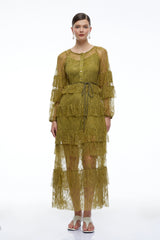 Galatea Green Tiered Lace Long Sleeves Maxi Dress