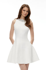 Galatea White Embellished Sleeveless Mini Dress