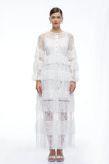Galatea White Tiered Lace Long Sleeves Maxi Dress