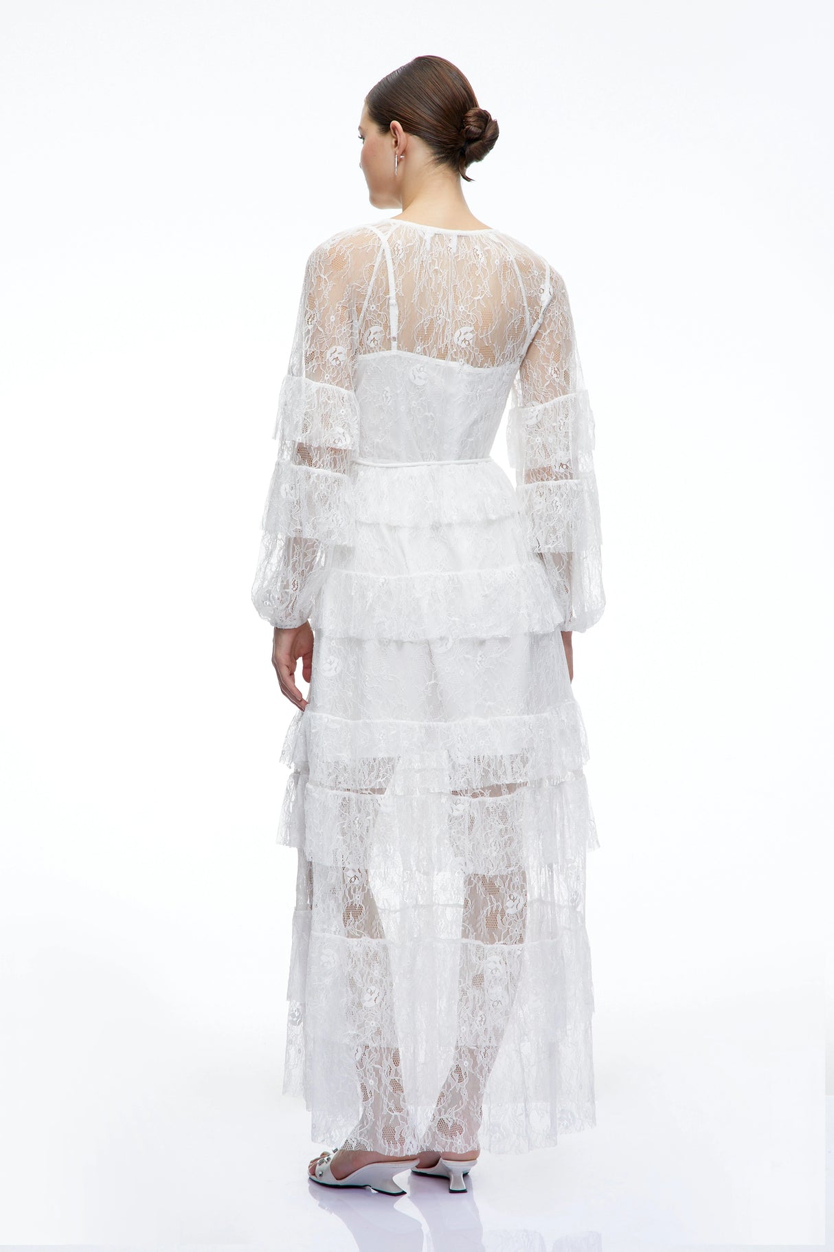Galatea White Tiered Lace Long Sleeves Maxi Dress