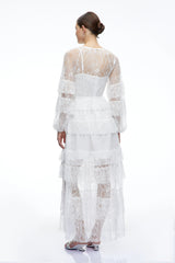 Galatea White Tiered Lace Long Sleeves Maxi Dress