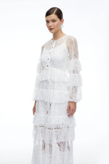 Galatea White Tiered Lace Long Sleeves Maxi Dress