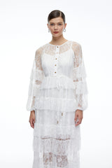 Galatea White Tiered Lace Long Sleeves Maxi Dress