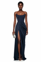 Gamze Navy Blue Draped Maxi Dress with High Slit