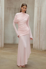 Garance Pink Asymmetrical Ruched Mesh Maxi Dress