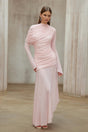 Garance Pink Asymmetrical Ruched Mesh Maxi Dress