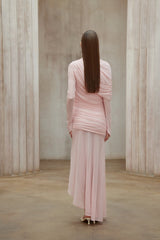 Garance Pink Asymmetrical Ruched Mesh Maxi Dress