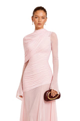 Garance Pink Asymmetrical Ruched Mesh Maxi Dress