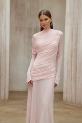 Garance Pink Asymmetrical Ruched Mesh Maxi Dress