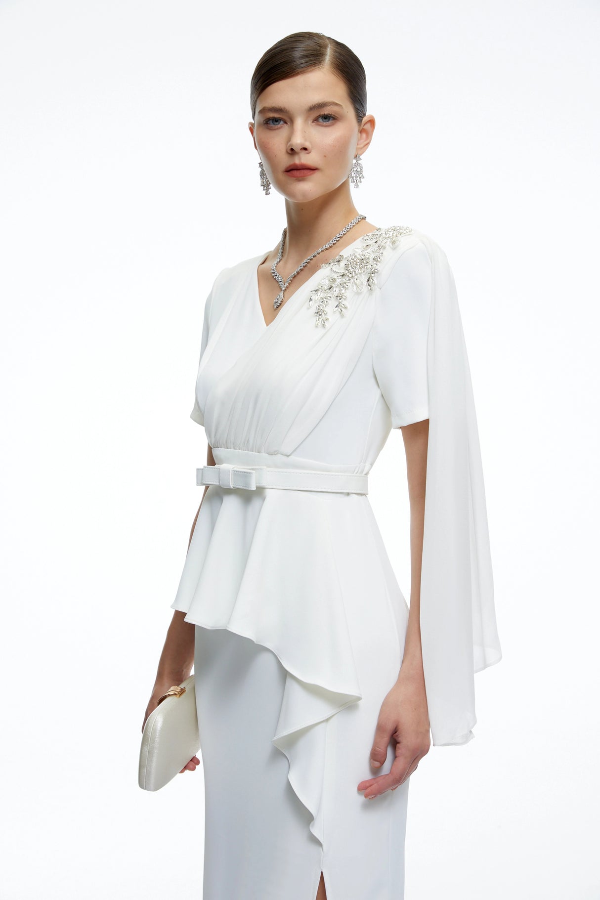 Garance White Belted Midi Dress with Cape Sleeves