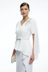 Garance White Belted Midi Dress with Cape Sleeves