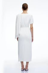 Garance White Belted Midi Dress with Cape Sleeves