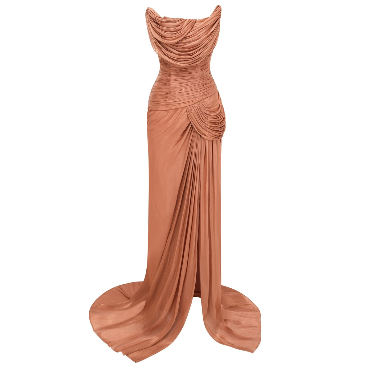 Gelsomina Gold Asymmetrical Glossy Gathered Maxi Dress