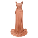 Gelsomina Gold Asymmetrical Glossy Gathered Maxi Dress