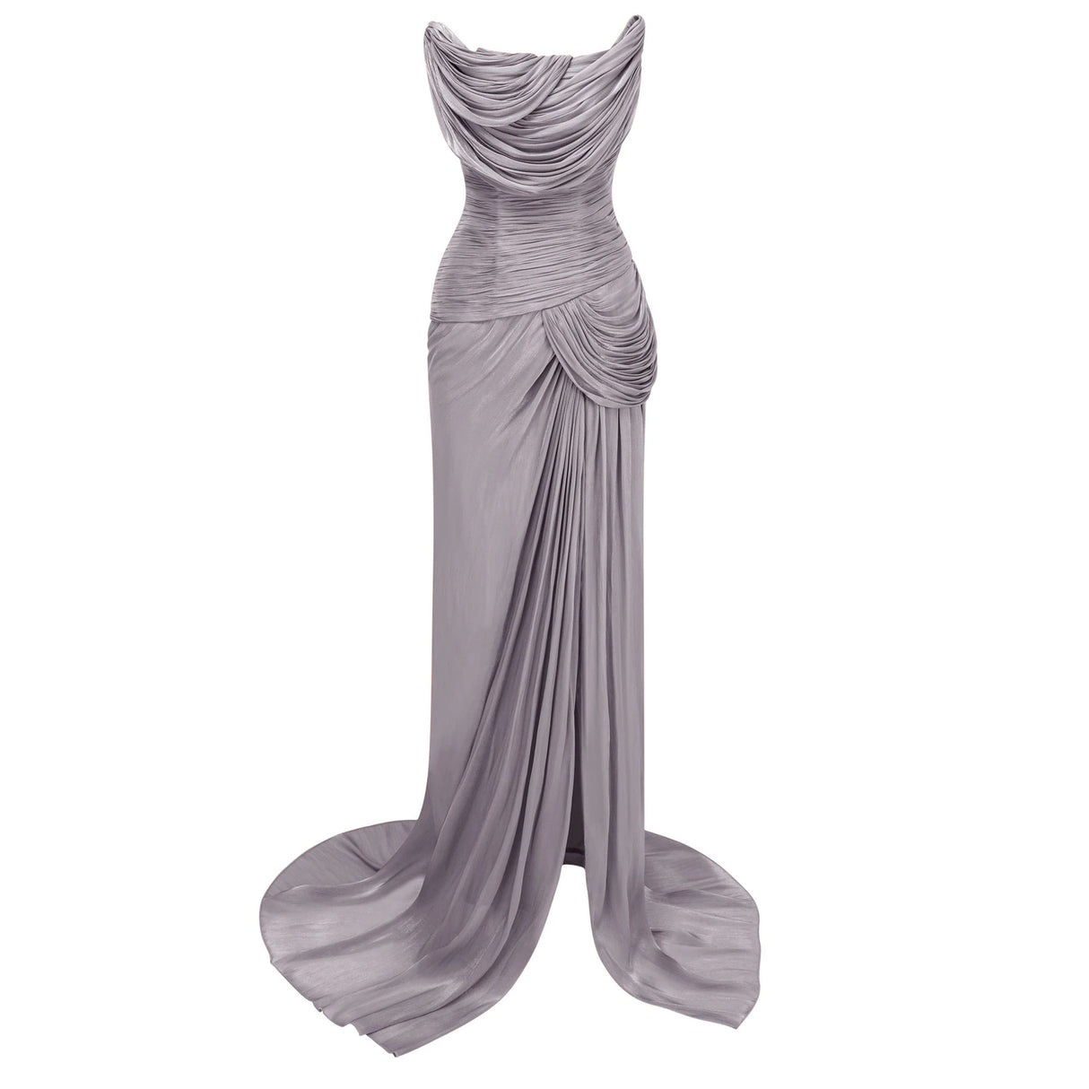 Gelsomina Grey Asymmetrical Glossy Gathered Maxi Dress
