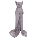 Gelsomina Grey Asymmetrical Glossy Gathered Maxi Dress
