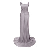 Gelsomina Grey Asymmetrical Glossy Gathered Maxi Dress
