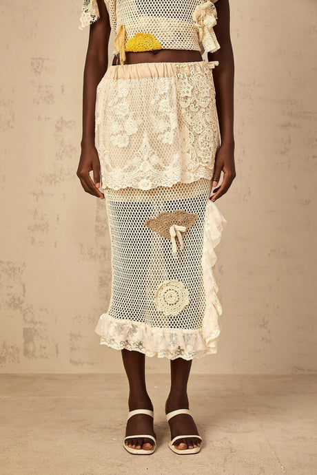 Gelsomina Lace Crochet Skirt with Floral Detail in Neutrals