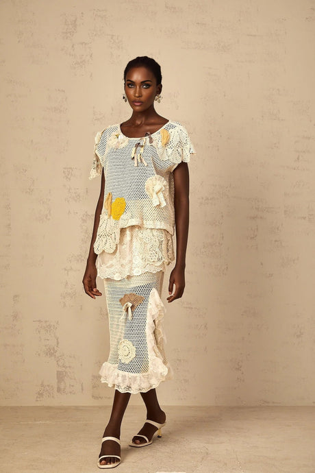 Gelsomina Lace Crochet Skirt with Floral Detail in Neutrals