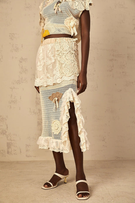Gelsomina Lace Crochet Skirt with Floral Detail in Neutrals