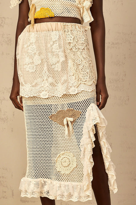 Gelsomina Lace Crochet Skirt with Floral Detail in Neutrals
