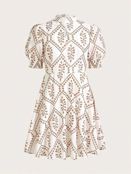 Gelsomina Midi Dress - Keyhole Neckline - Puff Sleeve - High Waist - A Line - Elegant