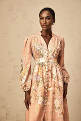 Gelsomina Midi Dress Pink Floral Print Puff Sleeve V - Neck Flared Calf Length