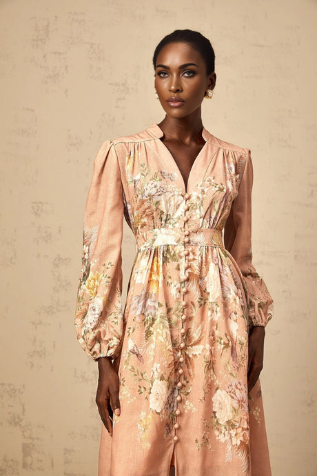 Gelsomina Midi Dress Pink Floral Print Puff Sleeve V - Neck Flared Calf Length