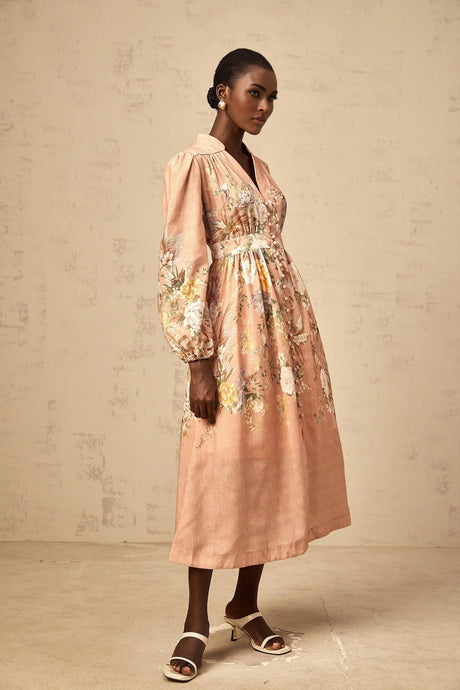 Gelsomina Midi Dress Pink Floral Print Puff Sleeve V - Neck Flared Calf Length