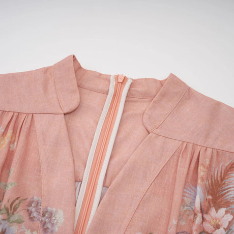 Gelsomina Midi Dress Pink Floral Print Puff Sleeve V - Neck Flared Calf Length