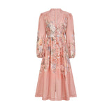 Gelsomina Midi Dress Pink Floral Print Puff Sleeve V - Neck Flared Calf Length