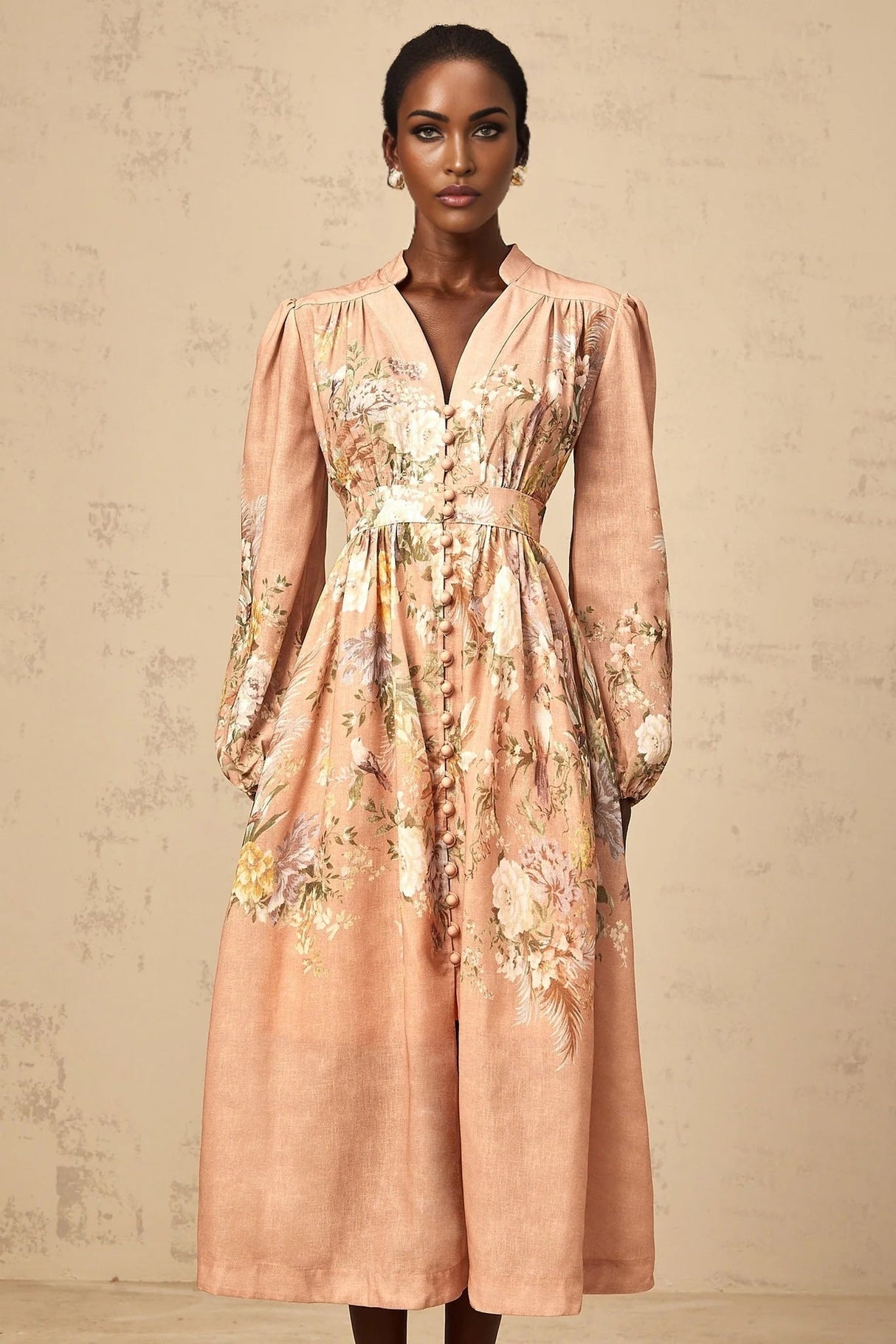 Gelsomina Midi Dress Pink Floral Print Puff Sleeve V - Neck Flared Calf Length