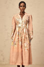 Gelsomina Midi Dress Pink Floral Print Puff Sleeve V - Neck Flared Calf Length