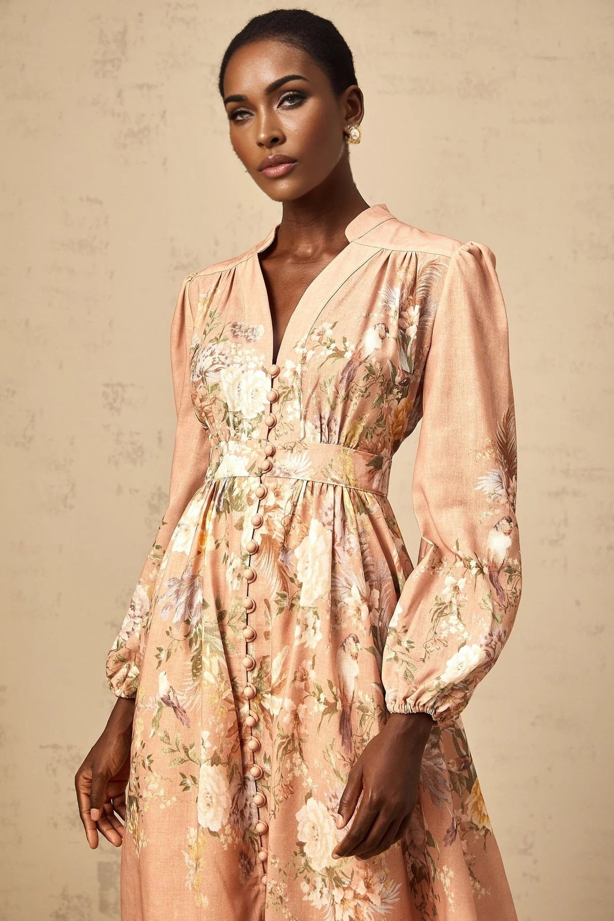 Gelsomina Midi Dress Pink Floral Print Puff Sleeve V - Neck Flared Calf Length