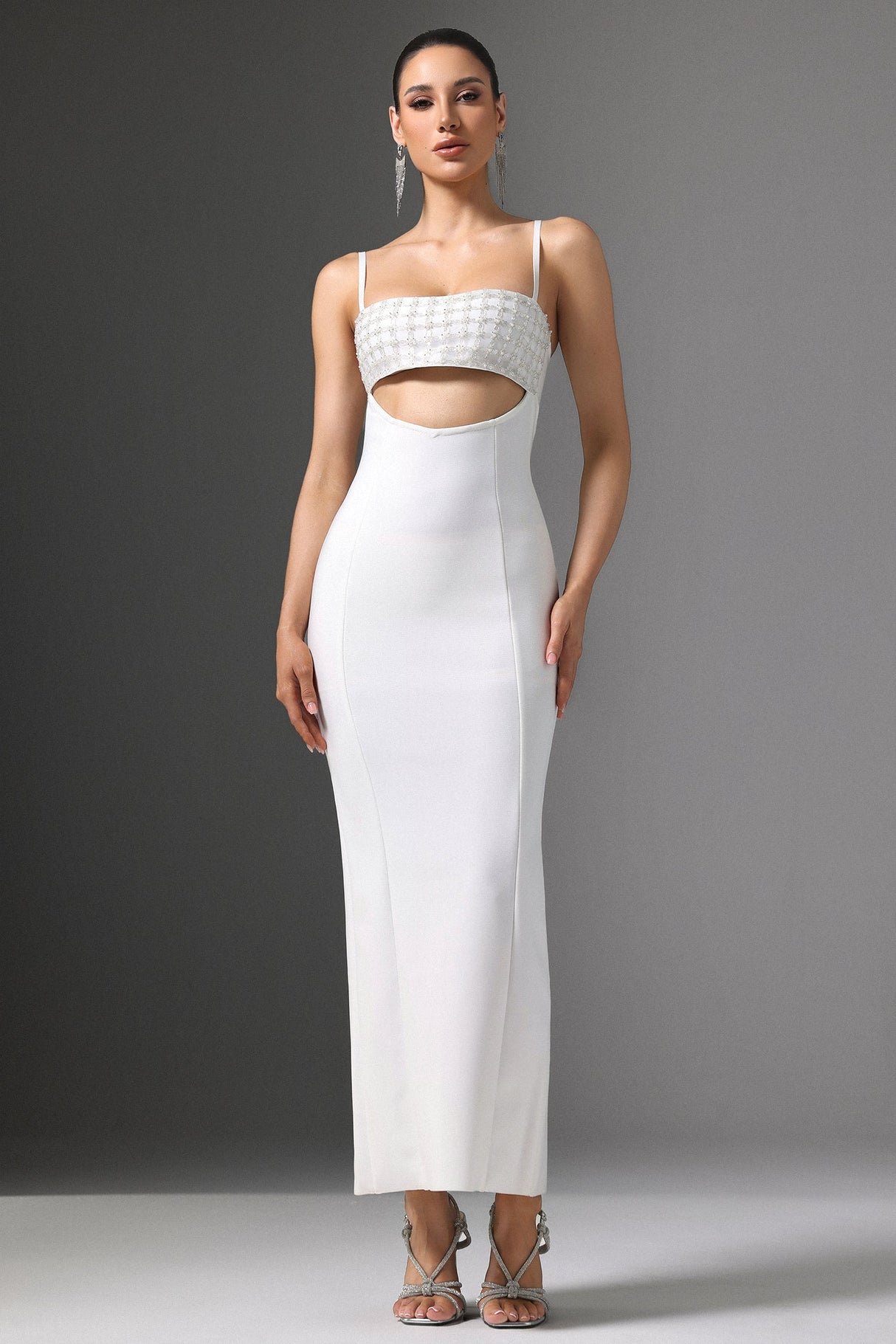 Gelsomina White Maxi Dress with Cutout Design and Beaded Detailing